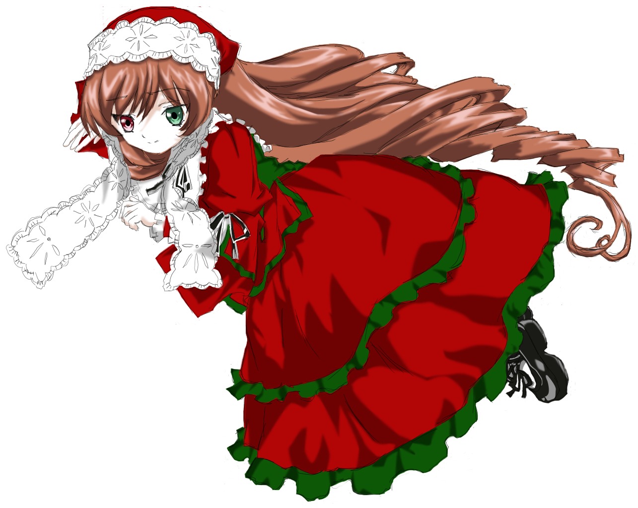 1girl alternate_color bow brown_hair dress drill_hair frills full_body green_eyes heterochromia image imageboard_desourced long_hair long_sleeves looking_at_viewer non-web_source red_eyes rozen_maiden shoes simple_background smile solo suiseiseki very_long_hair white_background