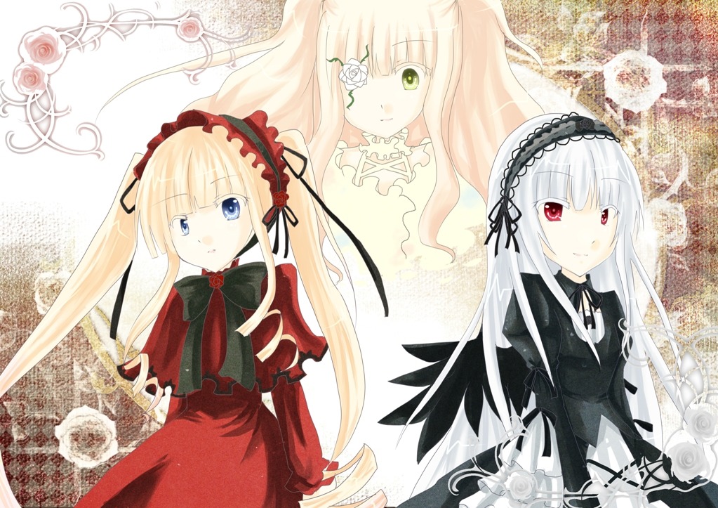 3girls auto_tagged blonde_hair blue_eyes bow dress flower frills green_neckwear hairband image long_hair long_sleeves looking_at_viewer multiple multiple_girls red_dress red_eyes rose shinku silver_hair smile suigintou tagme twintails very_long_hair wings