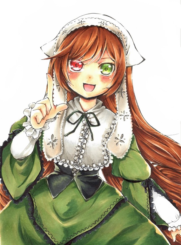 1girl :d black_ribbon blush brown_hair dress frills green_dress green_eyes hat head_scarf heterochromia image long_hair long_sleeves looking_at_viewer open_mouth red_eyes simple_background smile solo suiseiseki very_long_hair white_background