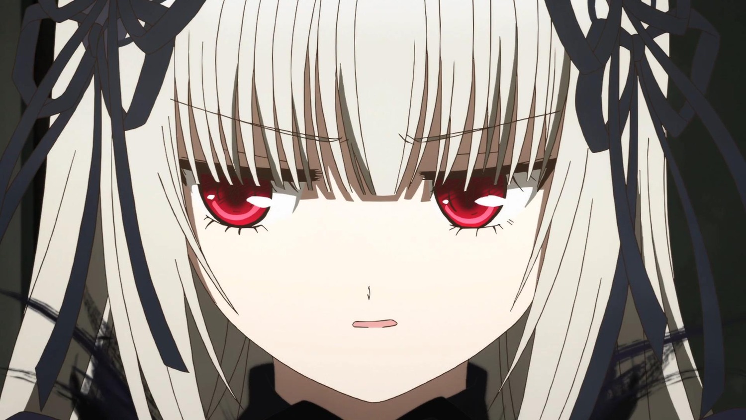 1girl bangs black_ribbon blush dress eyebrows_visible_through_hair hair_ribbon image long_hair looking_at_viewer parted_lips red_eyes ribbon silver_hair solo suigintou