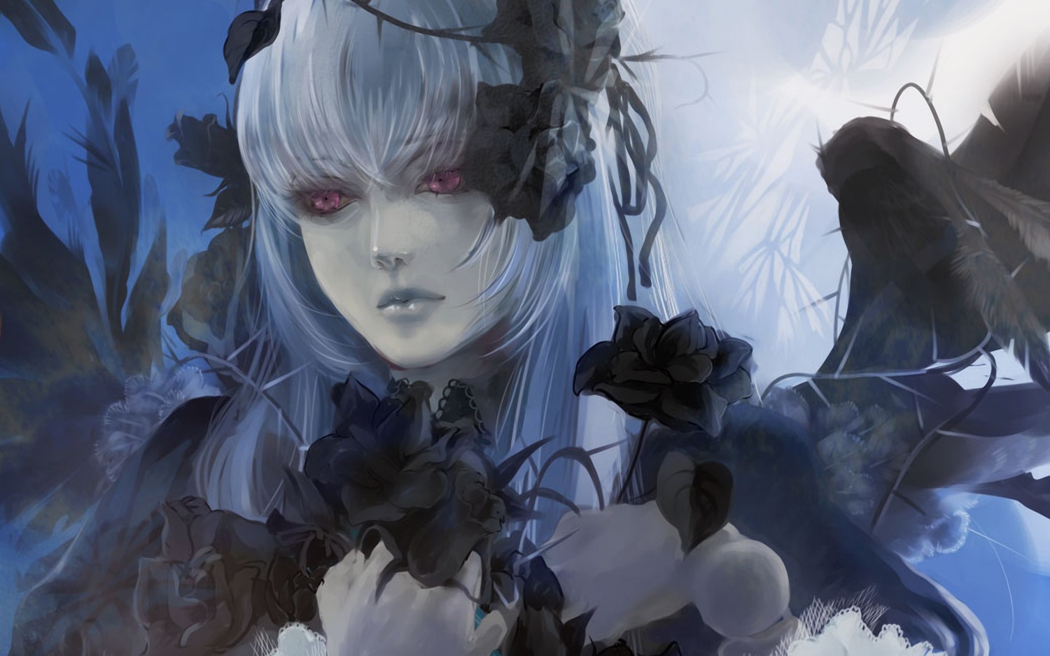 1girl black_flower black_rose crow flower image lips long_hair pale_skin rose solo suigintou