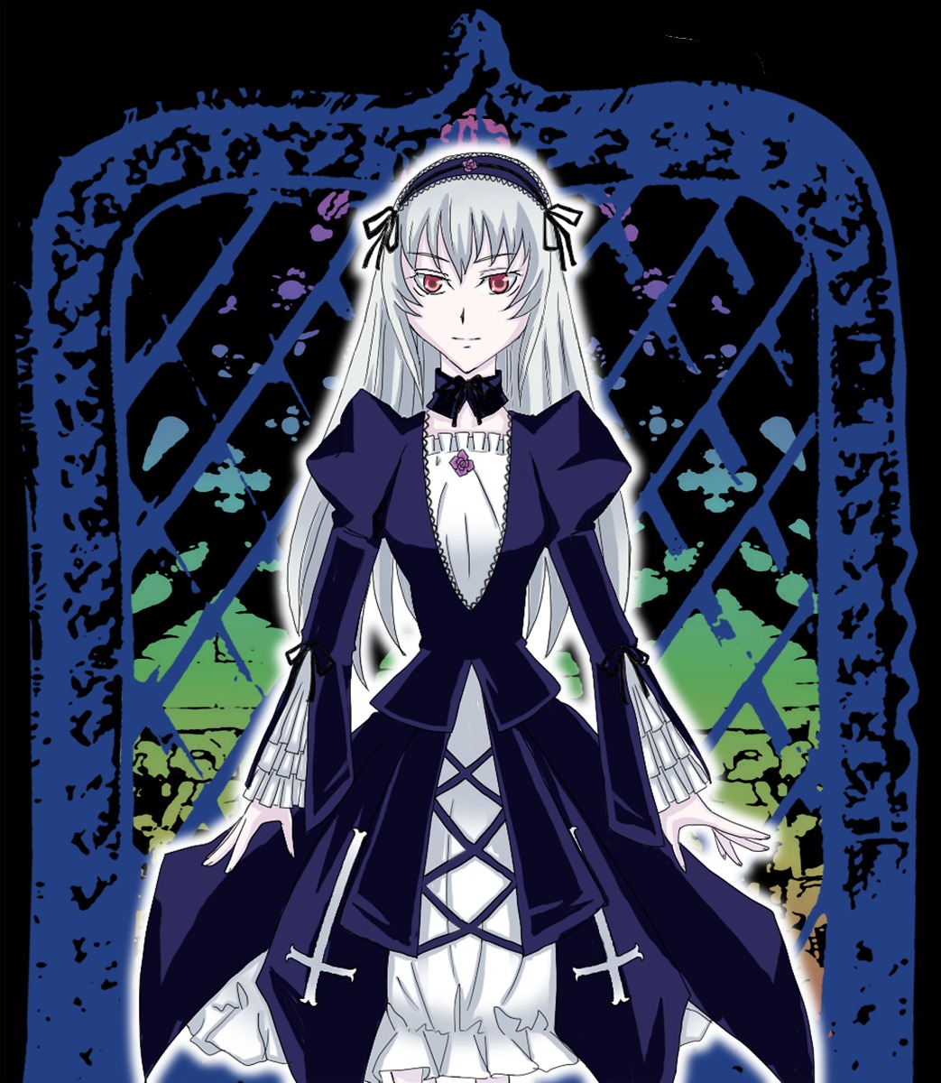 1girl cowboy_shot cross-laced_clothes detached_collar dress frills hairband image juliet_sleeves letterboxed long_hair long_sleeves looking_at_viewer puffy_sleeves red_eyes solo standing suigintou wings