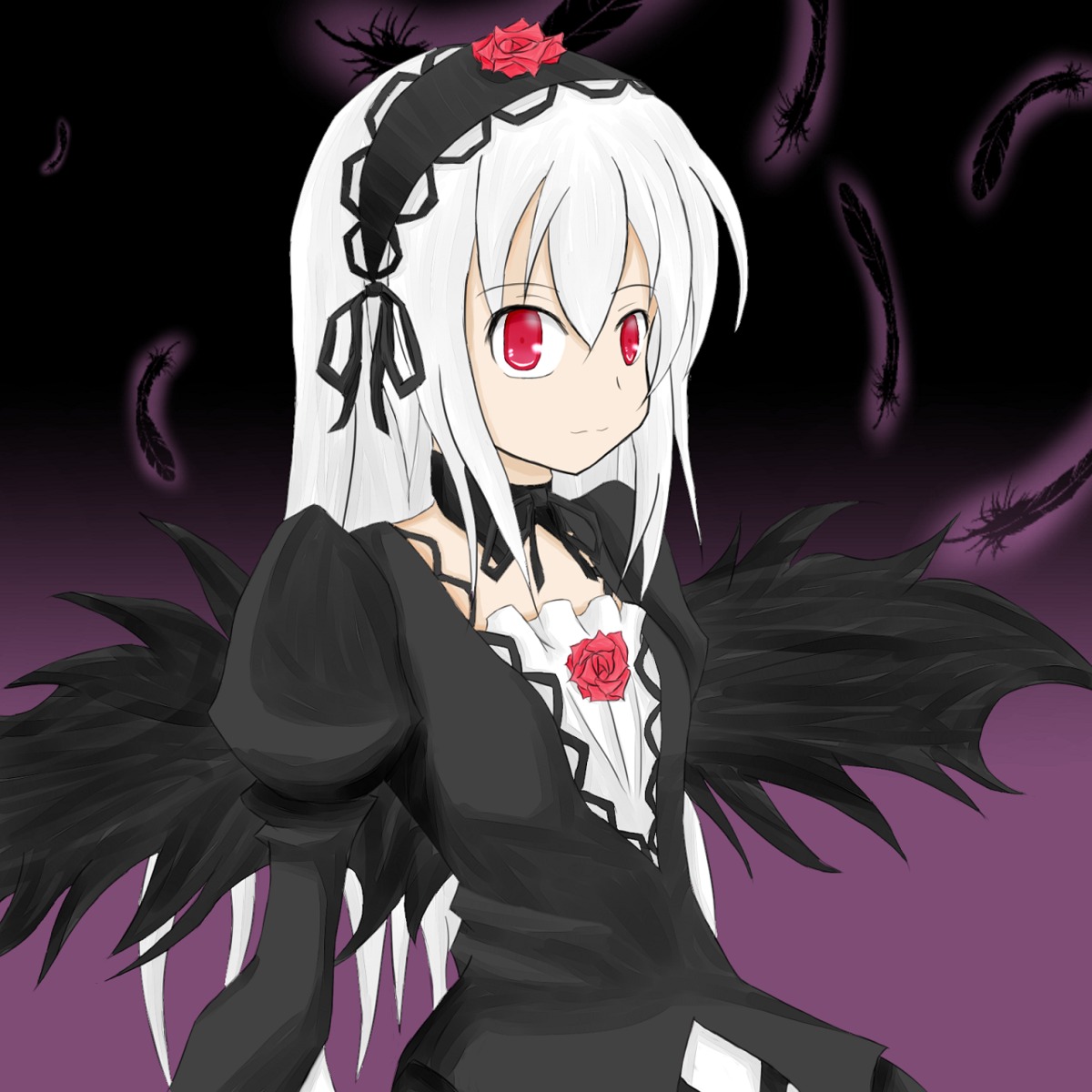 1girl black_dress black_feathers black_wings dress feathered_wings feathers flower hairband image juliet_sleeves lolita_fashion long_hair long_sleeves looking_at_viewer red_eyes red_flower ribbon rose smile solo suigintou white_feathers white_hair wings