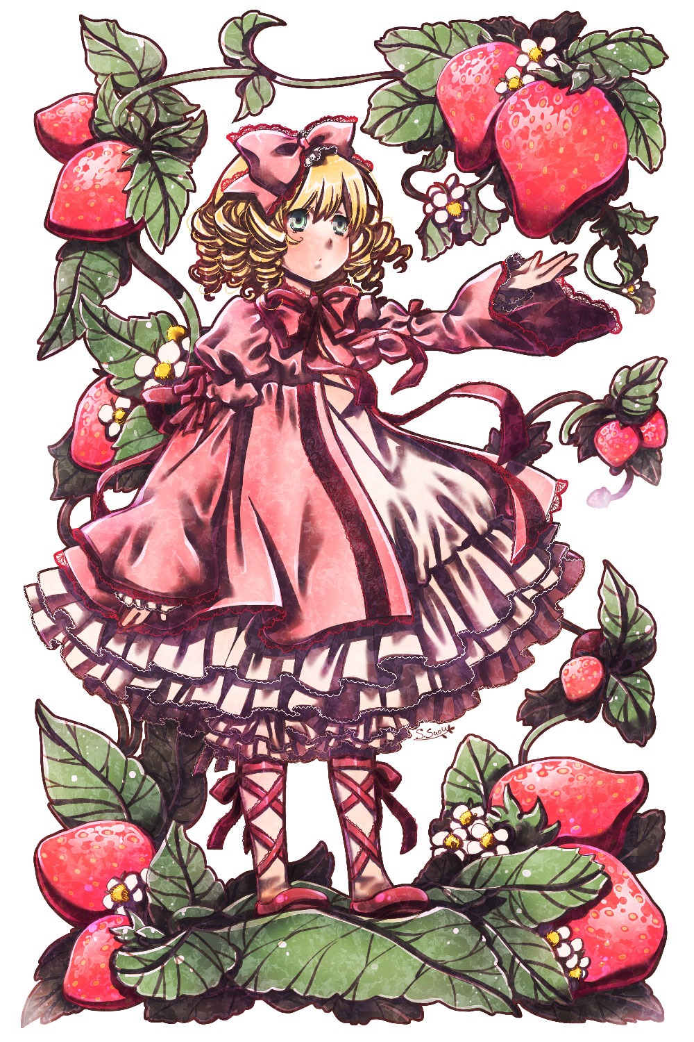 1girl apple blonde_hair bow cherry dress flower food frills fruit full_body grapes hair_bow hina_ichigo hinaichigo holding_fruit image leaf object_namesake pink_bow pink_dress plant shoes short_hair solo strawberry vines white_legwear