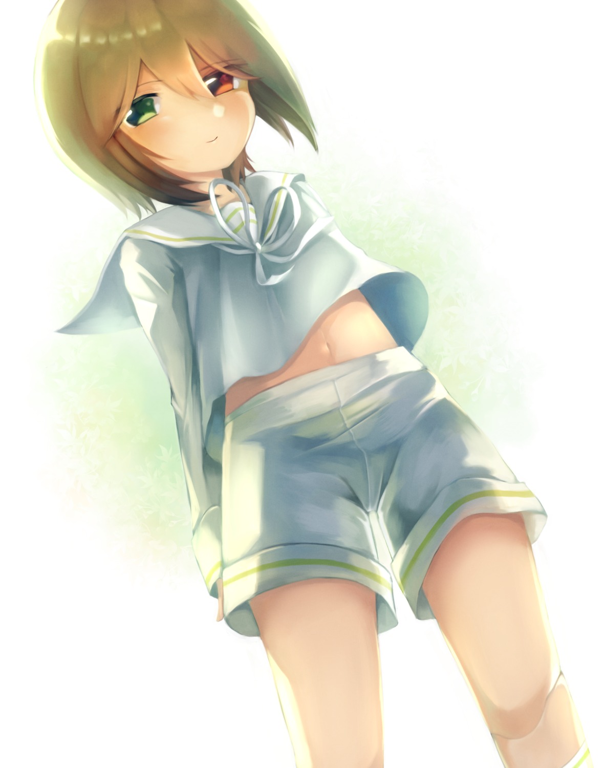 1boy arms_behind_back blush brown_hair green_eyes heterochromia image looking_at_viewer midriff navel otoko_no_ko red_eyes short_hair shorts smile solo souseiseki striped