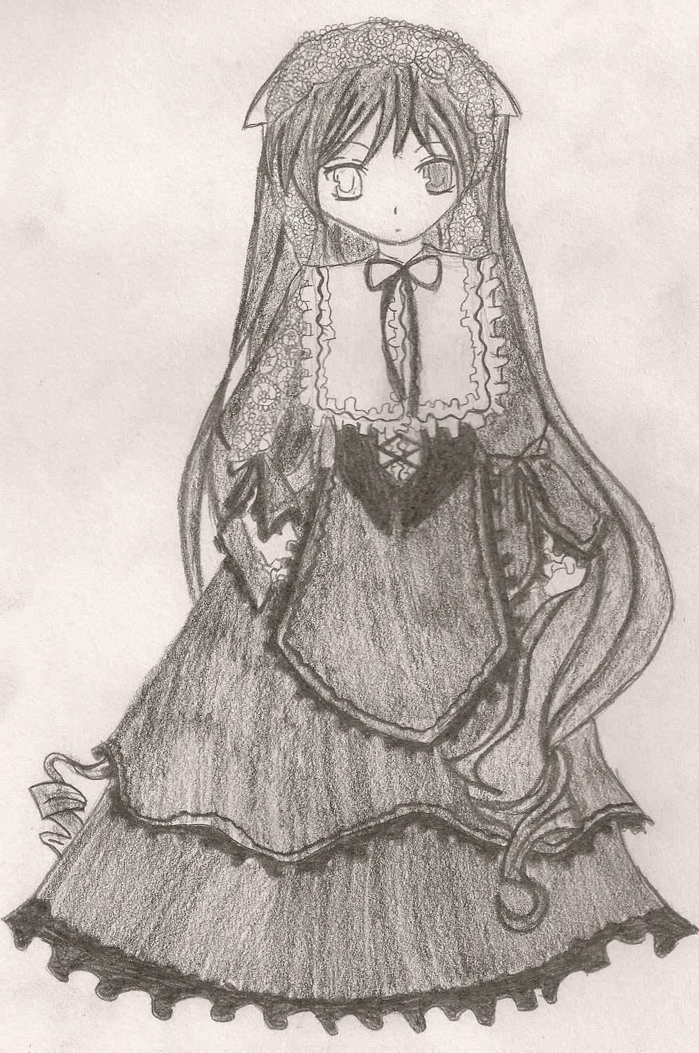 1girl blush dress frills full_body greyscale image lolita_fashion long_hair long_sleeves looking_at_viewer monochrome solo standing suiseiseki traditional_media very_long_hair