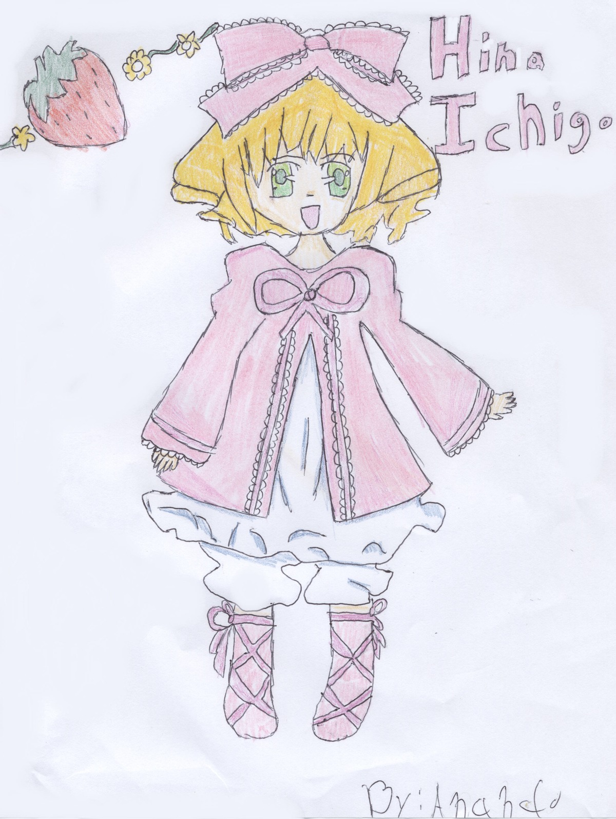 1girl :d blonde_hair bow character_name cross-laced_footwear dress food fruit full_body green_eyes hina_ichigo hinaichigo image long_sleeves looking_at_viewer open_mouth pink_bow pink_dress short_hair smile solo standing strawberry