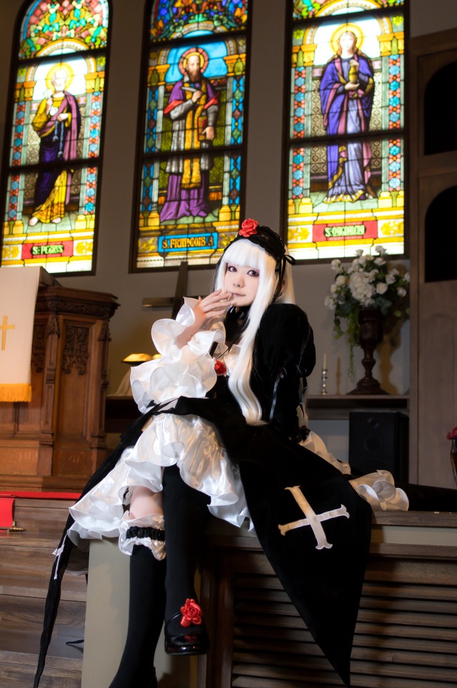 1girl dress flower frills hat long_hair sitting solo suigintou thighhighs