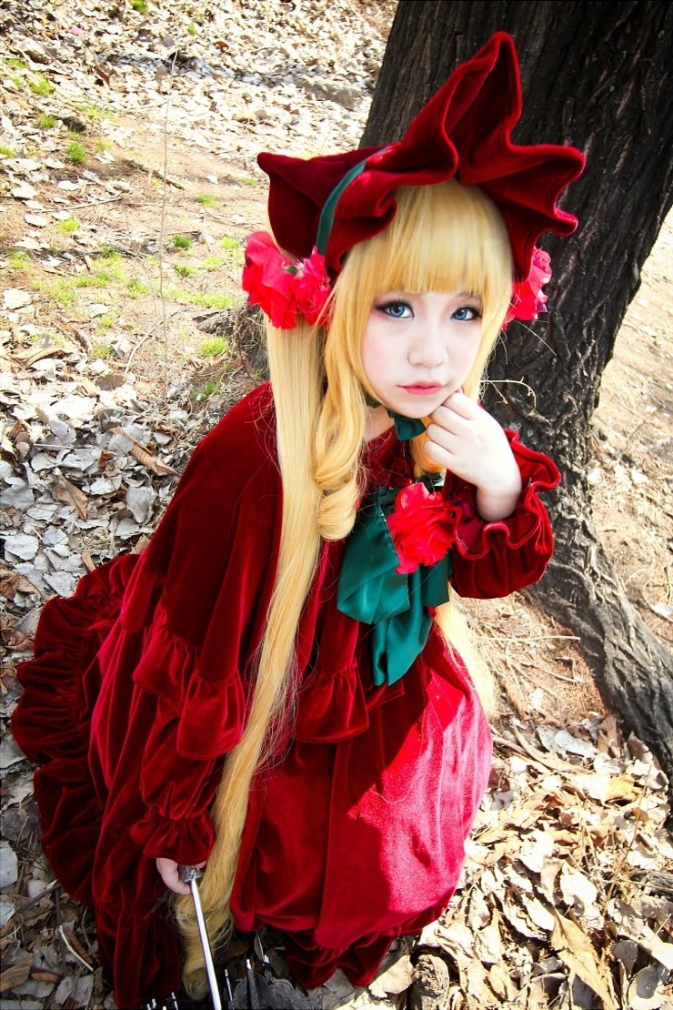 1girl blonde_hair blue_eyes bow dress flower lips long_hair realistic red_dress shinku solo