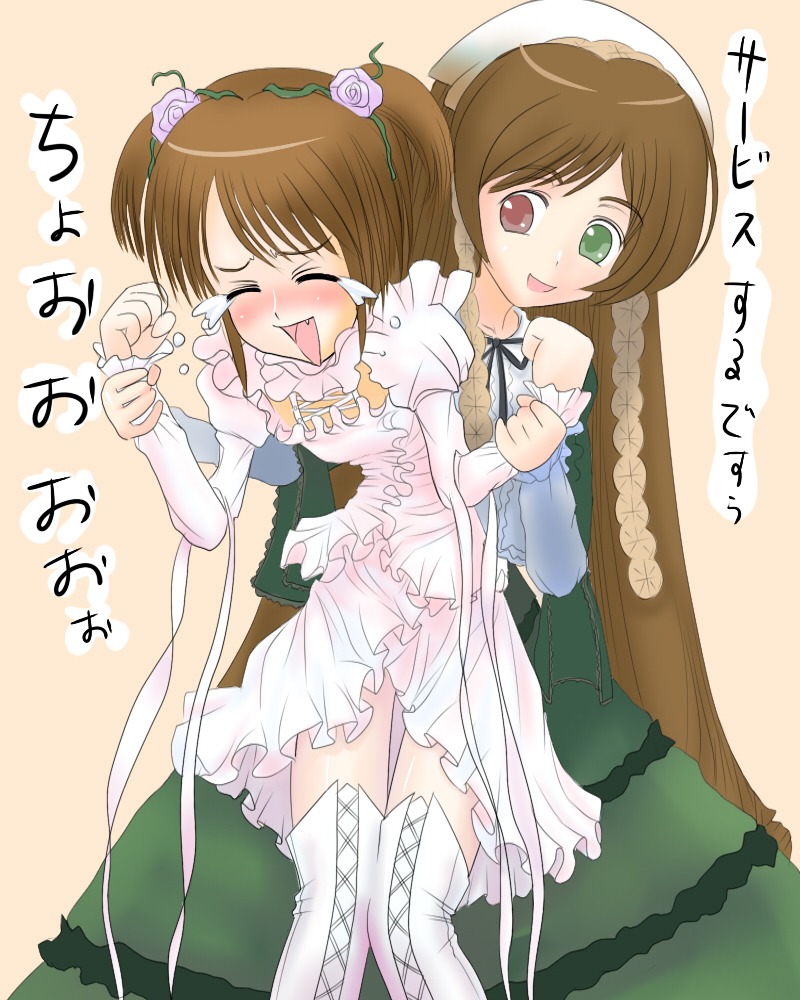 2girls blush boots brown_hair costume_switch dress flower frills green_eyes heterochromia image incest long_hair long_sleeves multiple_girls open_mouth red_eyes rose siblings sisters suiseiseki tears thighhighs tongue twins white_legwear yuri