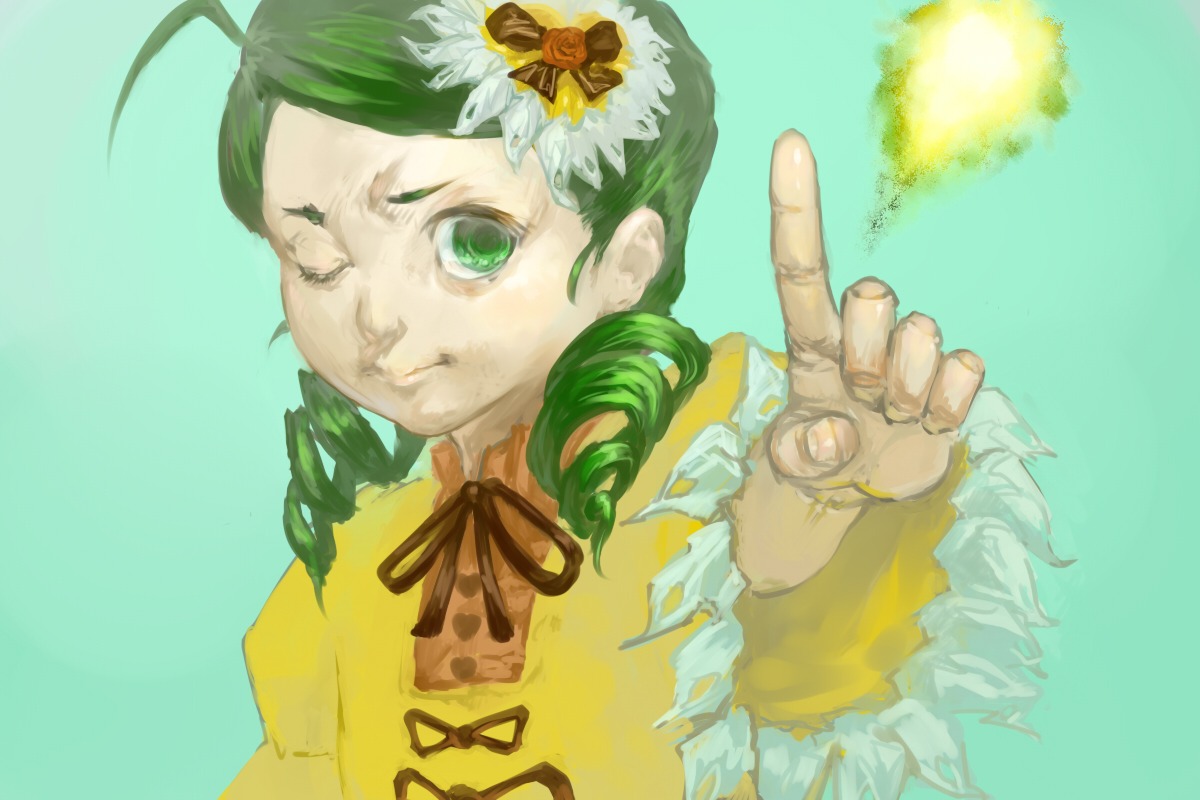 1girl antenna_hair drill_hair flower green_eyes green_hair hair_flower hair_ornament image kanaria long_sleeves neck_ribbon one_eye_closed pointing ribbon rose solo twin_drills upper_body yellow_dress