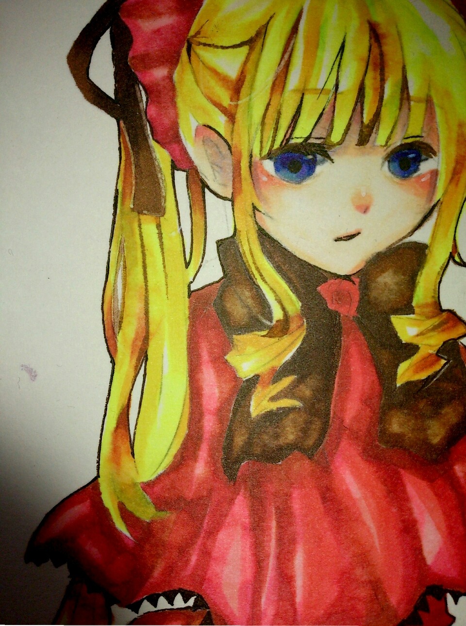 1girl bangs blonde_hair blue_eyes bow dress drill_hair image long_hair looking_at_viewer red_dress rose shinku sidelocks simple_background solo traditional_media twintails upper_body