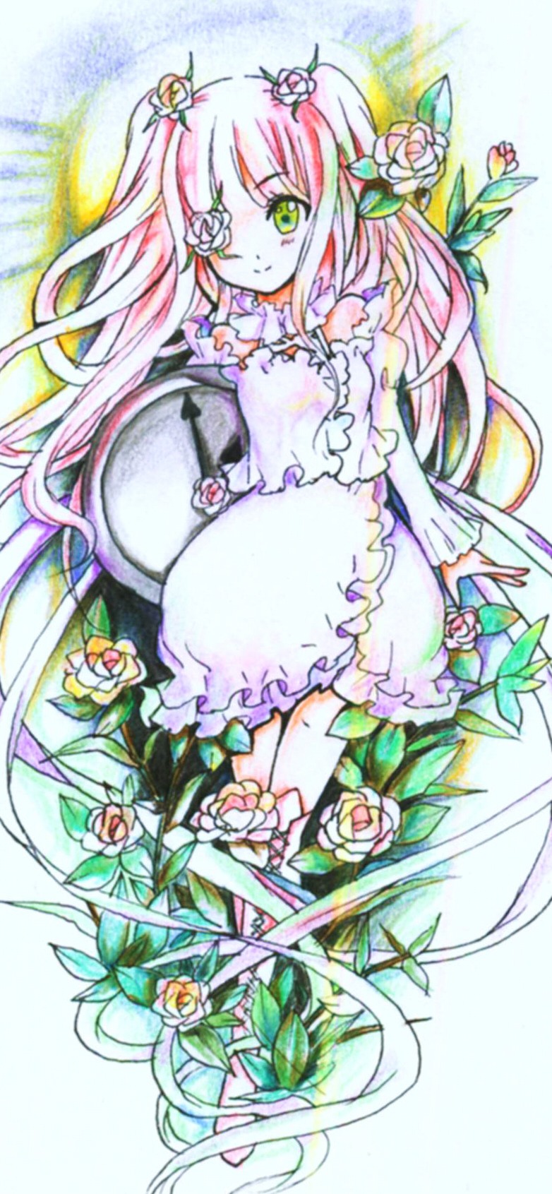 1girl dress eyepatch flower frills full_body green_eyes hair_flower hair_ornament image kirakishou long_hair pink_hair plant rose smile solo thorns traditional_media two_side_up very_long_hair vines white_flower