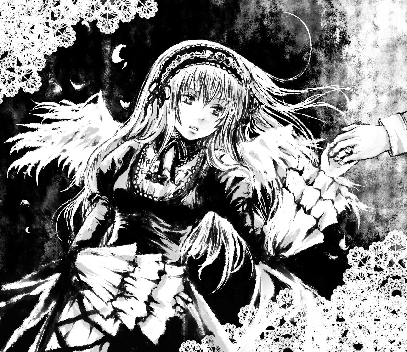 1girl auto_tagged dress feathers flower frills greyscale hairband image jewelry long_hair long_sleeves looking_at_viewer monochrome petals ribbon ring solo suigintou wings