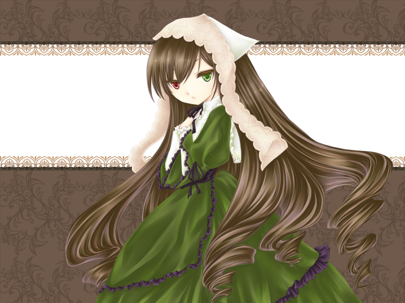 1girl brown_hair dress drill_hair frills green_dress green_eyes heterochromia image long_hair long_sleeves looking_at_viewer red_eyes solo suiseiseki twin_drills very_long_hair