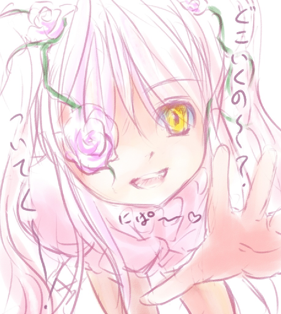 1girl flower hair_ornament image kirakishou looking_at_viewer open_mouth pink_flower pink_hair pink_rose rose smile solo white_flower white_rose yellow_eyes