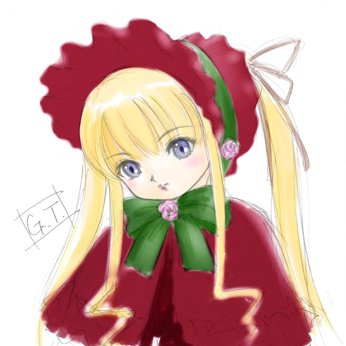 1girl blonde_hair blue_eyes blush bonnet bow bowtie capelet dress flower green_bow green_neckwear image long_hair long_sleeves looking_at_viewer red_capelet red_dress rose shinku sidelocks signature simple_background solo twintails upper_body white_background