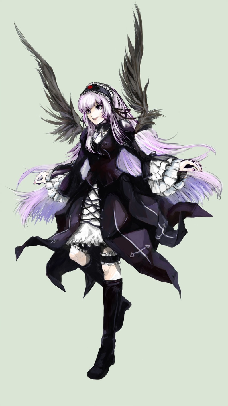 1girl black_footwear black_wings boots cross-laced_clothes dress feathers frills full_body hairband image knee_boots lolita_fashion long_hair long_sleeves looking_at_viewer purple_eyes ribbon silver_hair simple_background solo suigintou very_long_hair wings