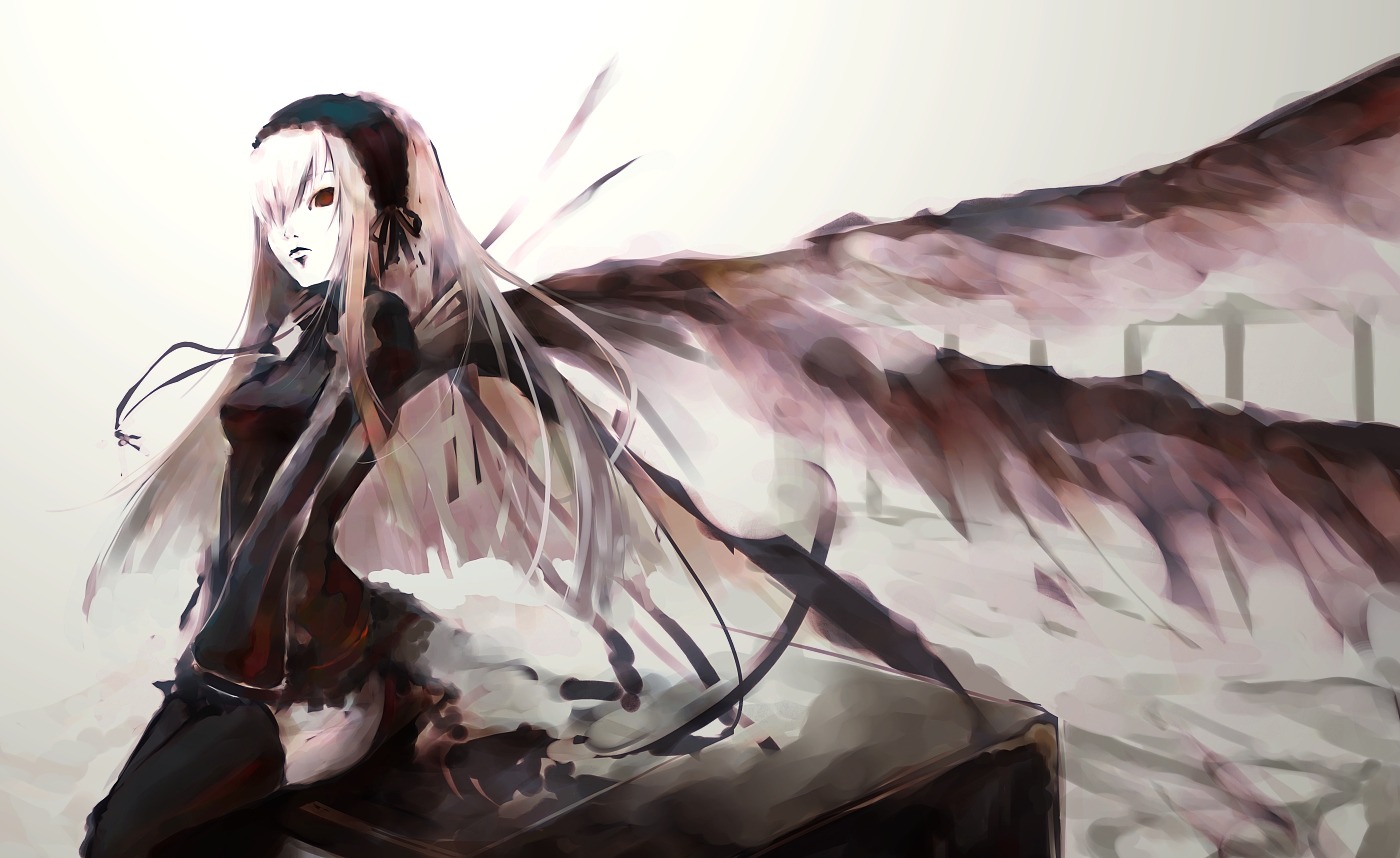 1girl black_dress black_ribbon black_wings commentary_request dress feathered_wings hair_over_one_eye hairband image iori_yakatabako long_hair long_sleeves looking_at_viewer partial_commentary red_eyes ribbon rozen_maiden sitting solo suigintou thighhighs very_long_hair white_hair wings