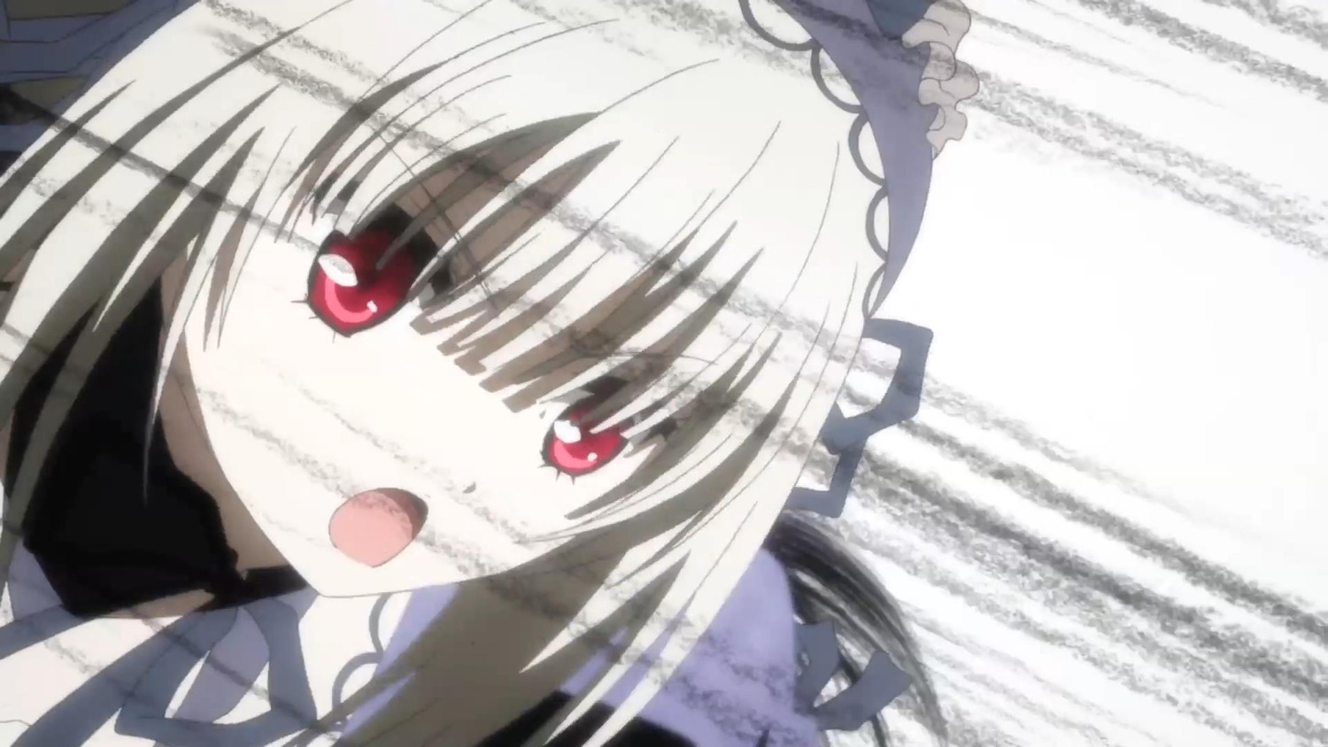 1girl bangs eyebrows_visible_through_hair frills image long_hair looking_at_viewer open_mouth red_eyes ribbon silver_hair solo suigintou