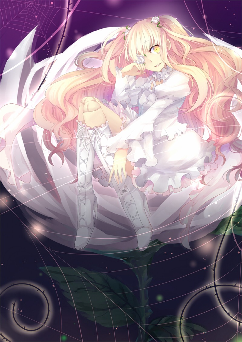 1girl blonde_hair boots commentary_request cross-laced_footwear doll_joints dress eyepatch flower frills grin hair_flower hair_ornament high_heels image joints kirakishou knee_boots long_hair long_sleeves mary_(14476764) personification pink_hair puffy_sleeves rose rozen_maiden shoes silk sitting smile solo spider_web thorns two_side_up very_long_hair white_dress white_footwear yellow_eyes