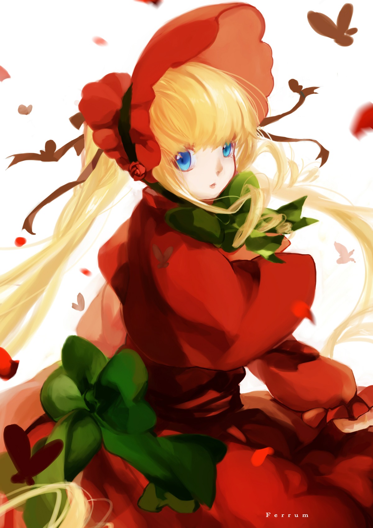 1girl blonde_hair blue_eyes bonnet bow bug butterfly capelet dress flower green_bow green_neckwear image insect long_hair long_sleeves looking_at_viewer looking_back petals red_dress shinku solo twintails white_background