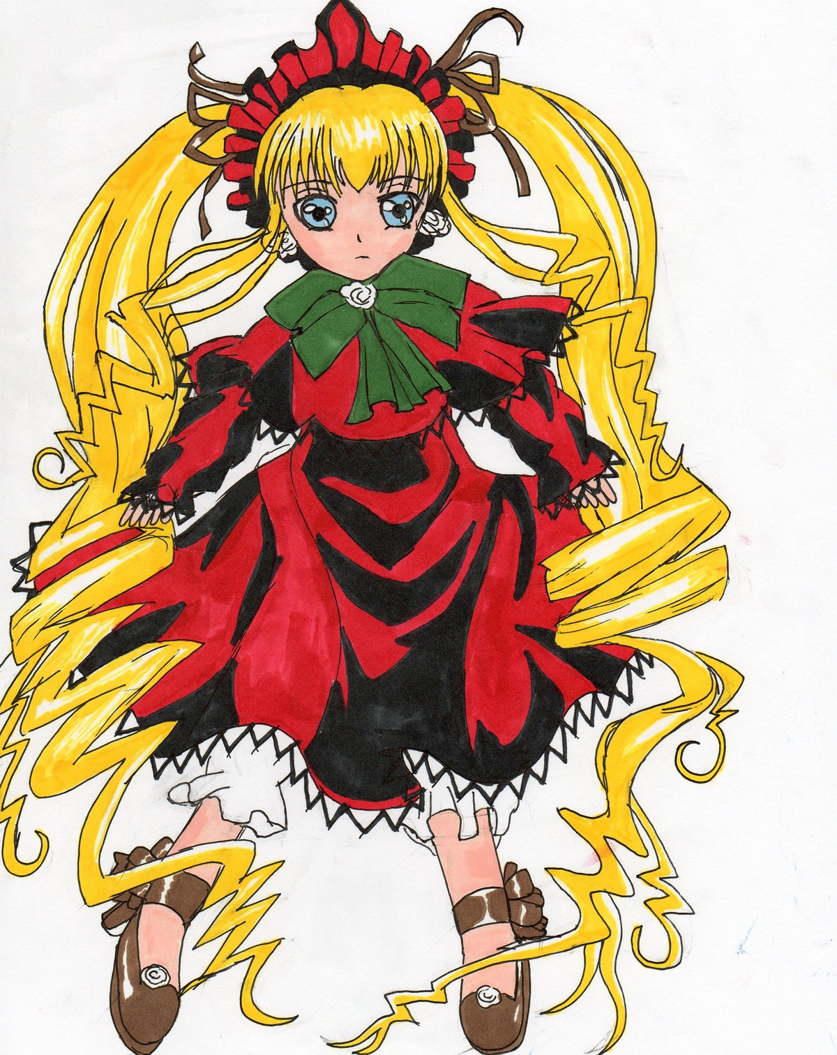 1girl bangs blonde_hair bloomers blue_eyes blush bonnet bow bowtie capelet dress drill_hair frills full_body green_bow image long_hair long_sleeves looking_at_viewer marker_(medium) shinku solo twin_drills twintails very_long_hair