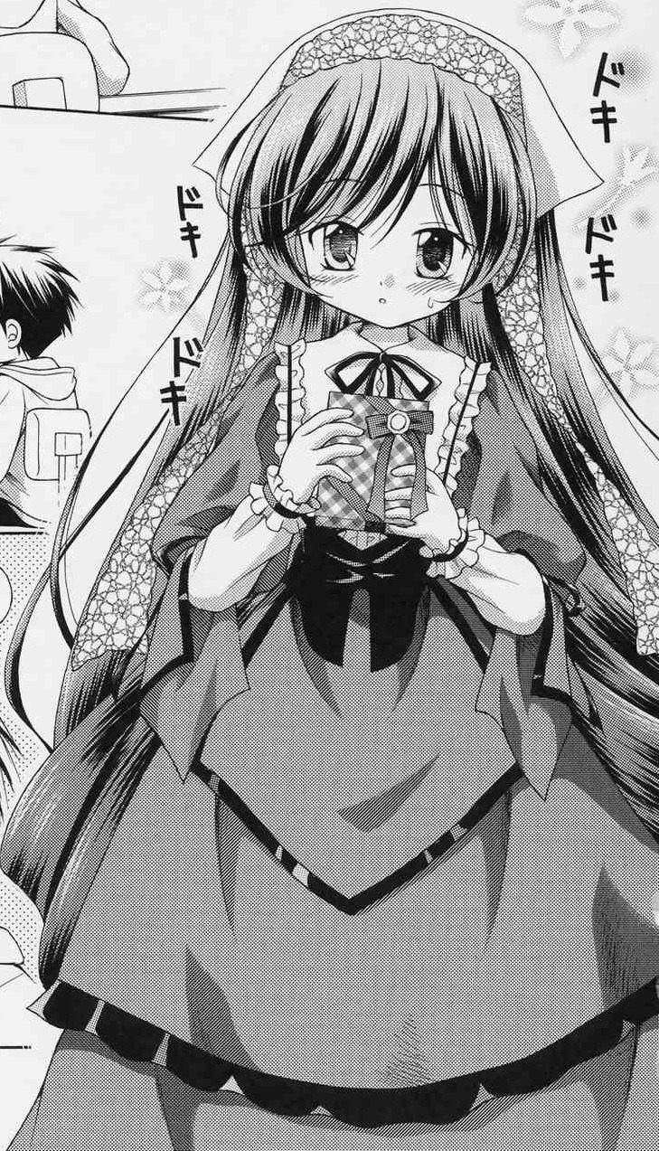 1boy 1girl blush comic dress frills greyscale image long_hair long_sleeves monochrome neck_ribbon ribbon solo suiseiseki very_long_hair