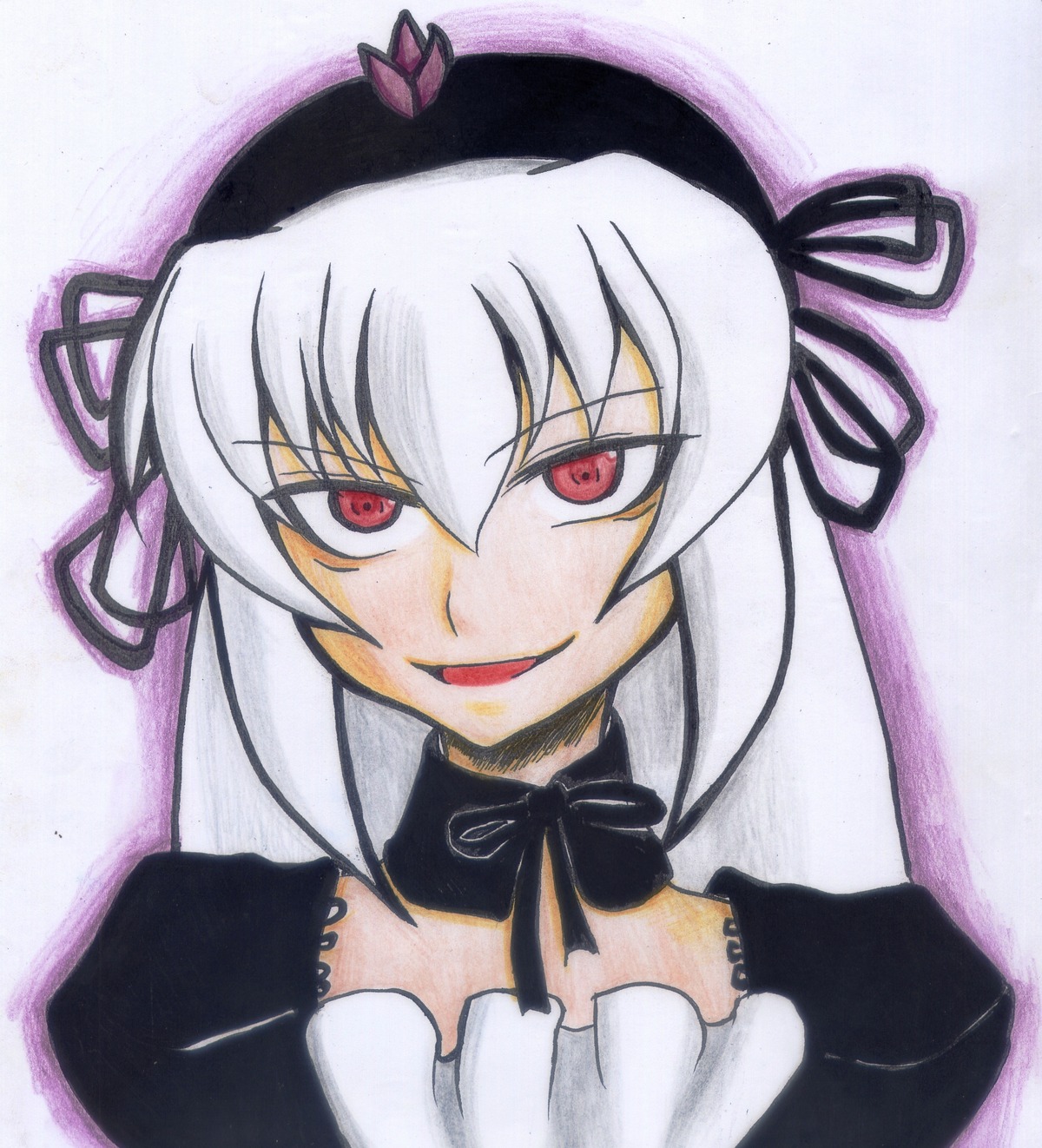 1girl black_ribbon dress image long_hair long_sleeves looking_at_viewer open_mouth red_eyes ribbon simple_background smile solo suigintou traditional_media upper_body white_background