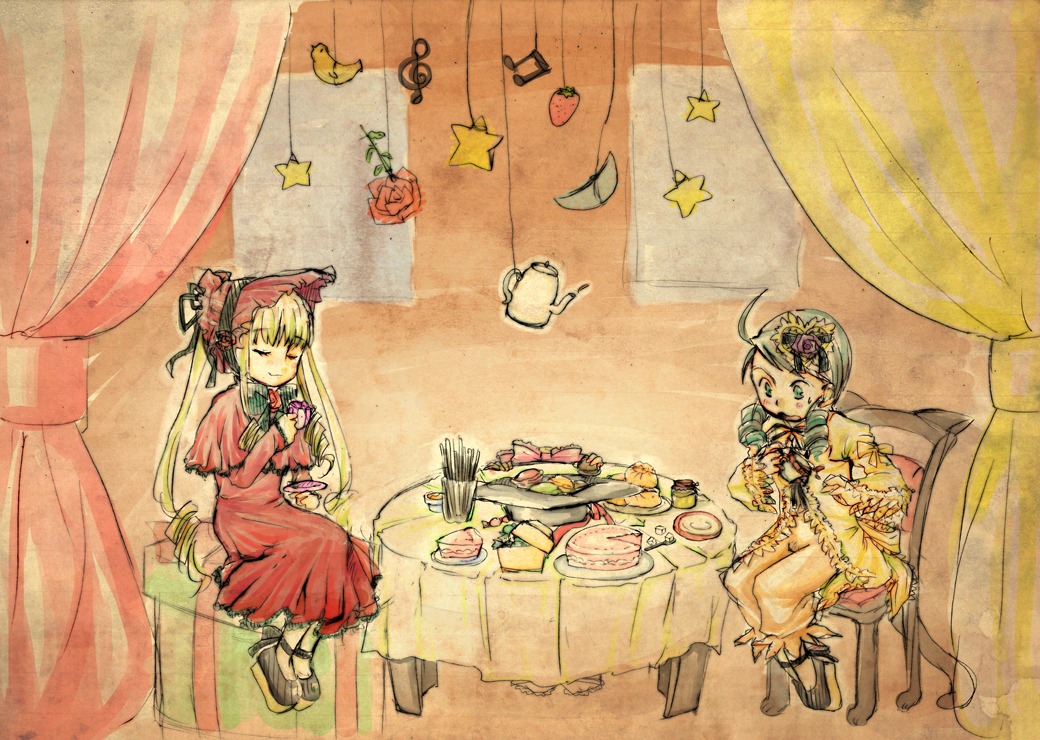 2girls blonde_hair bonnet bow cake cup curtains dress food hat image kanaria long_hair multiple_girls pair shinku sitting star_(symbol) table tea teacup traditional_media window