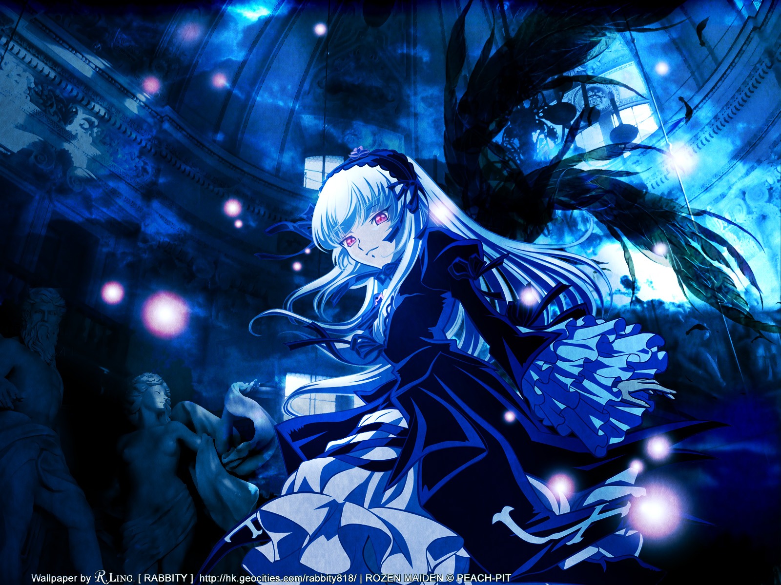 1girl black_wings dress feathers frills hairband image long_hair long_sleeves pink_eyes red_eyes ribbon silver_hair solo suigintou wings