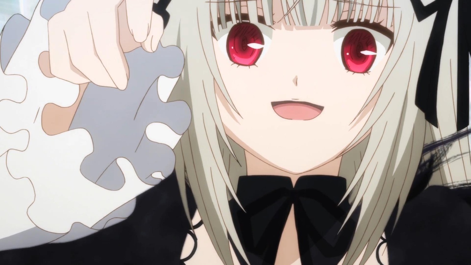 1girl :d bangs black_ribbon close-up detached_collar dress frills image looking_at_viewer open_mouth red_eyes ribbon smile solo suigintou