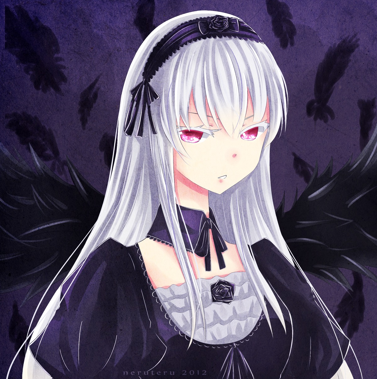 1girl black_dress black_feathers black_ribbon black_wings detached_collar dress feathered_wings feathers flower frills hairband image long_hair long_sleeves looking_at_viewer pink_eyes puffy_sleeves rose silver_hair solo suigintou upper_body wings