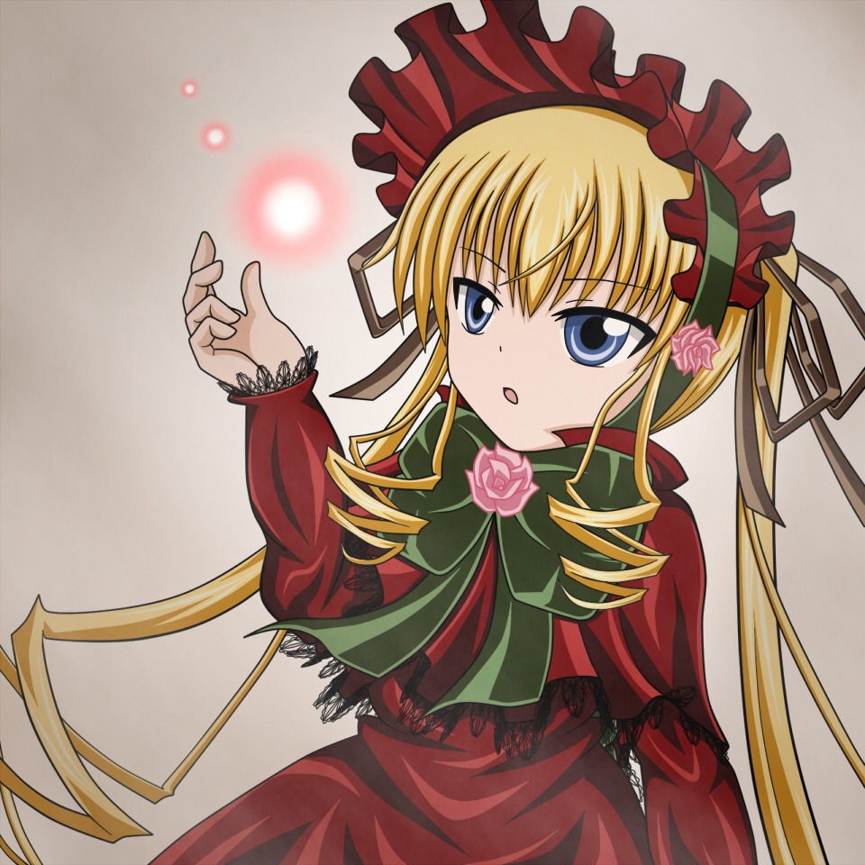 1girl blonde_hair blue_eyes bonnet bow bowtie capelet dress drill_hair flower frills image long_hair long_sleeves pink_flower pink_rose red_capelet red_dress ribbon rose shinku solo twintails