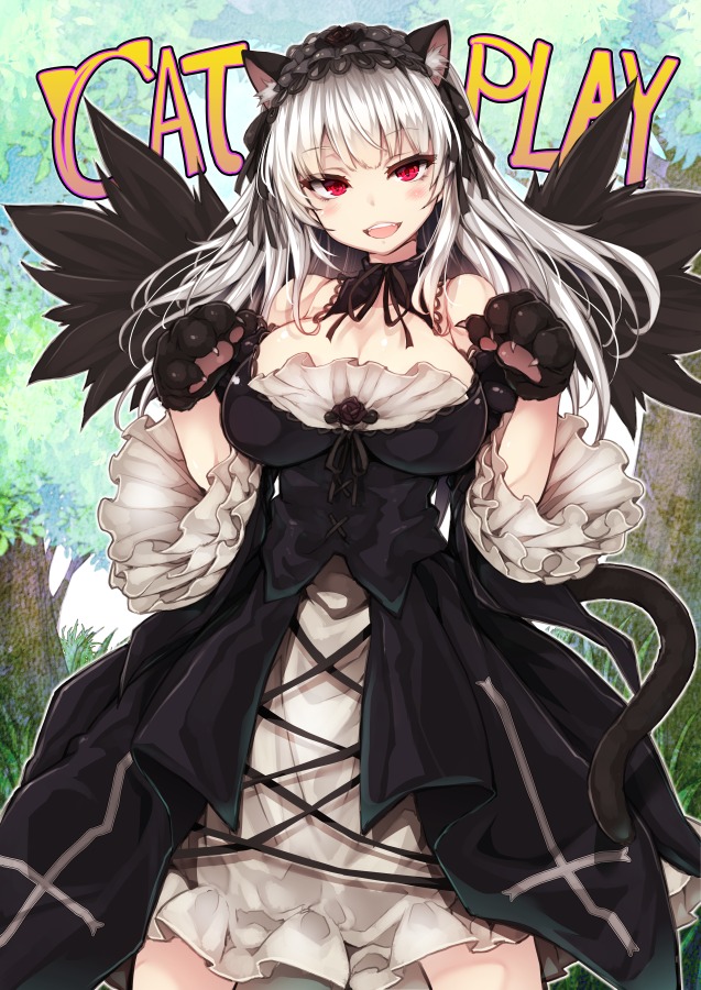 1girl :d animal_ears animal_hands bare_shoulders black_wings breasts cat_ears cat_paws cat_tail cleavage commentary_request detached_collar dress english_text feathers flower frills gloves gothic_lolita hairband image large_breasts lolita_fashion lolita_hairband long_hair long_sleeves looking_at_viewer open_mouth paw_pose red_eyes rose rozen_maiden silver_hair smile solo suigintou tail tousen wings