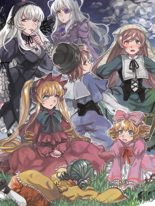 blonde_hair blue_eyes bow brown_hair dress frills hat heterochromia hina_ichigo image long_hair long_sleeves multiple multiple_girls open_mouth pink_bow pink_dress red_eyes shinku short_hair silver_hair suigintou suiseiseki tagme wings