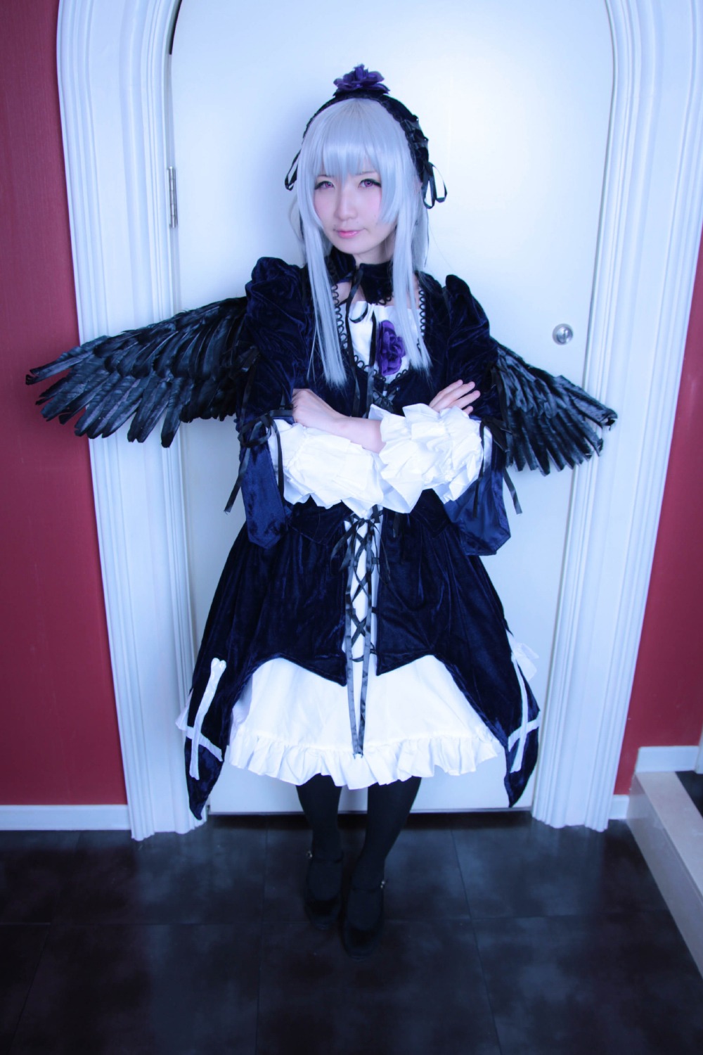 1girl black_wings boots closed_eyes dress feathers frills full_body hairband long_hair long_sleeves ribbon silver_hair solo standing suigintou wings