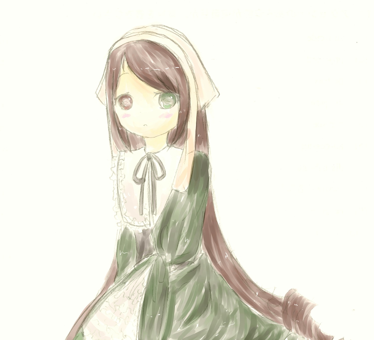 1girl :o bangs black_ribbon blush brown_hair dress eyebrows_visible_through_hair frills green_dress green_eyes head_scarf heterochromia image long_hair long_sleeves looking_at_viewer neck_ribbon ribbon simple_background solo suiseiseki swept_bangs very_long_hair white_background