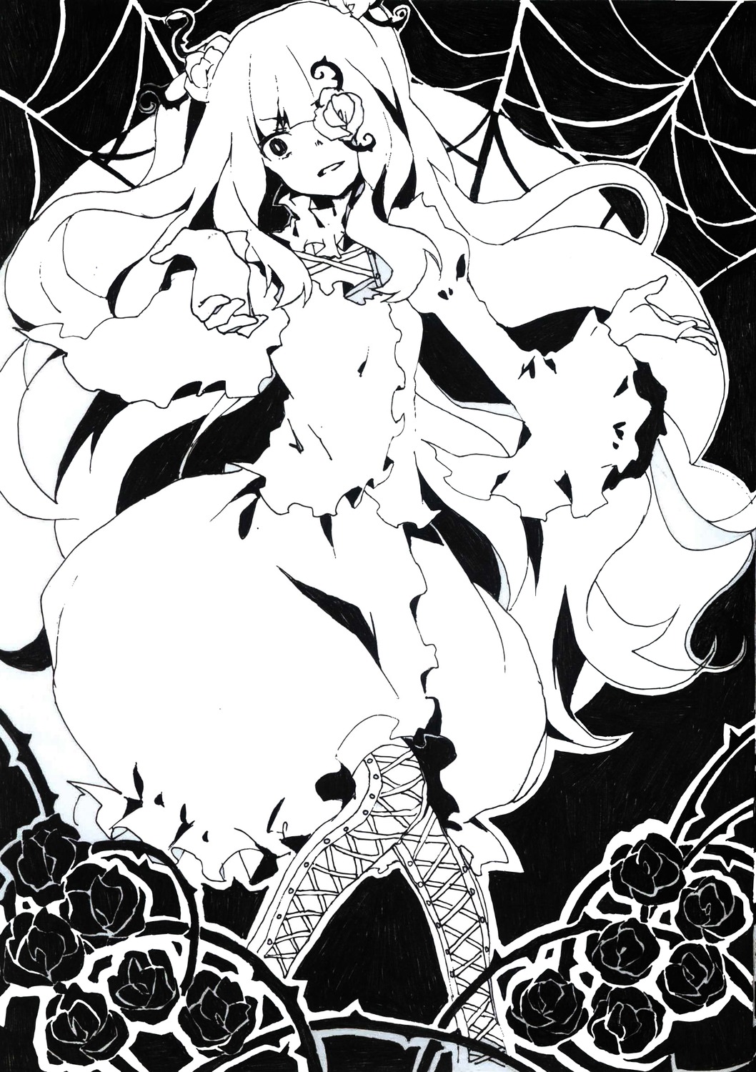 1girl black_rose boots cross-laced_footwear dress eyepatch flower greyscale hair_flower hair_ornament image kirakishou long_hair monochrome rose solo thorns vines white_rose