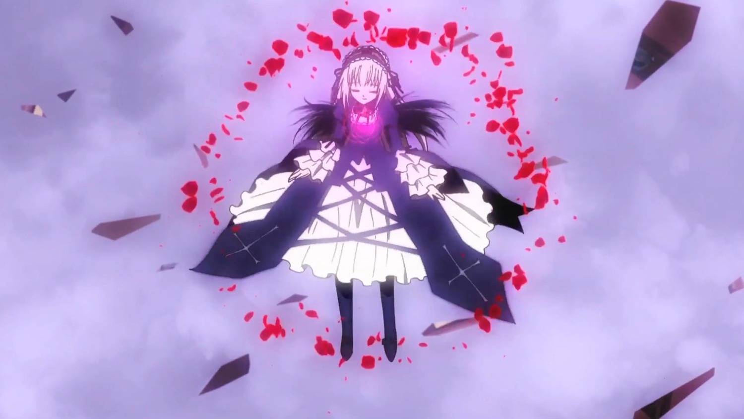 1girl black_dress black_wings closed_eyes dress flower frills hairband image long_hair long_sleeves lying petals ribbon silver_hair solo suigintou wings