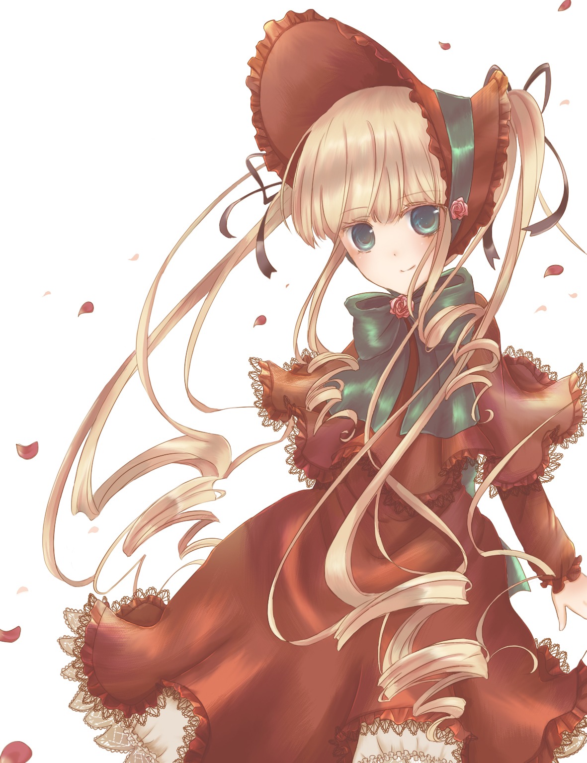 1girl blonde_hair blue_eyes bonnet bow dress drill_hair flower frills image long_hair long_sleeves looking_at_viewer petals red_dress rose rose_petals shinku solo twintails very_long_hair white_background