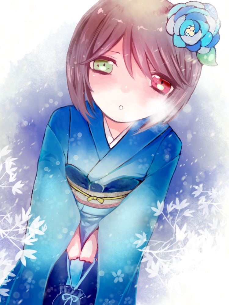 1girl blue_flower blue_kimono blue_rose blush brown_hair flower green_eyes hair_flower hair_ornament image japanese_clothes kimono looking_at_viewer obi sash short_hair solo souseiseki v_arms