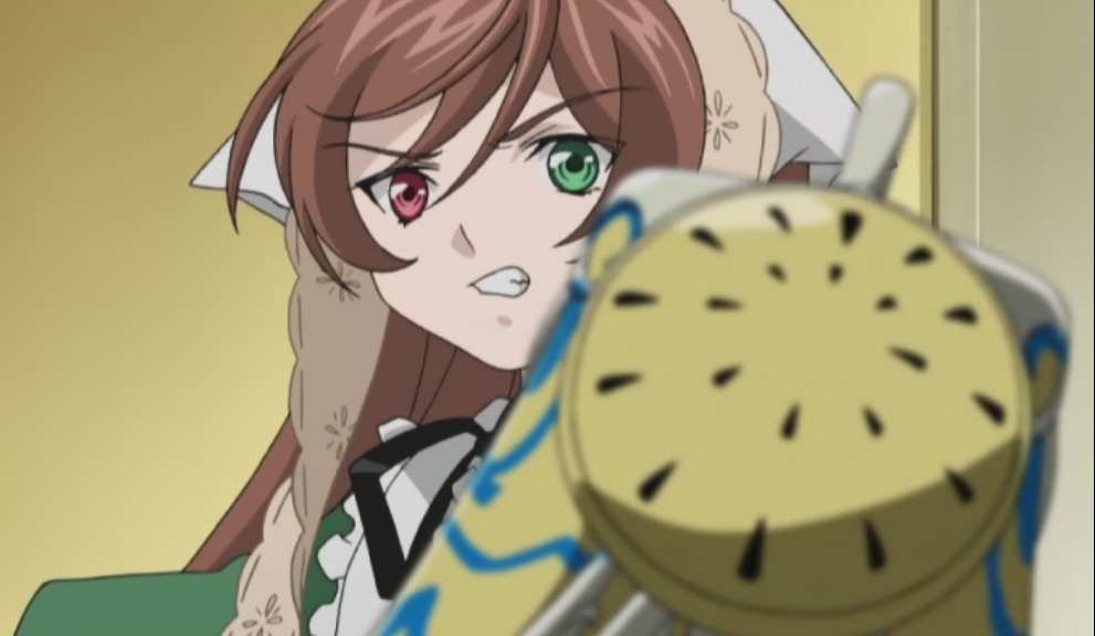 1girl blurry blurry_background blurry_foreground brown_hair clenched_teeth depth_of_field green_eyes heterochromia image long_hair motion_blur red_eyes solo suiseiseki teeth