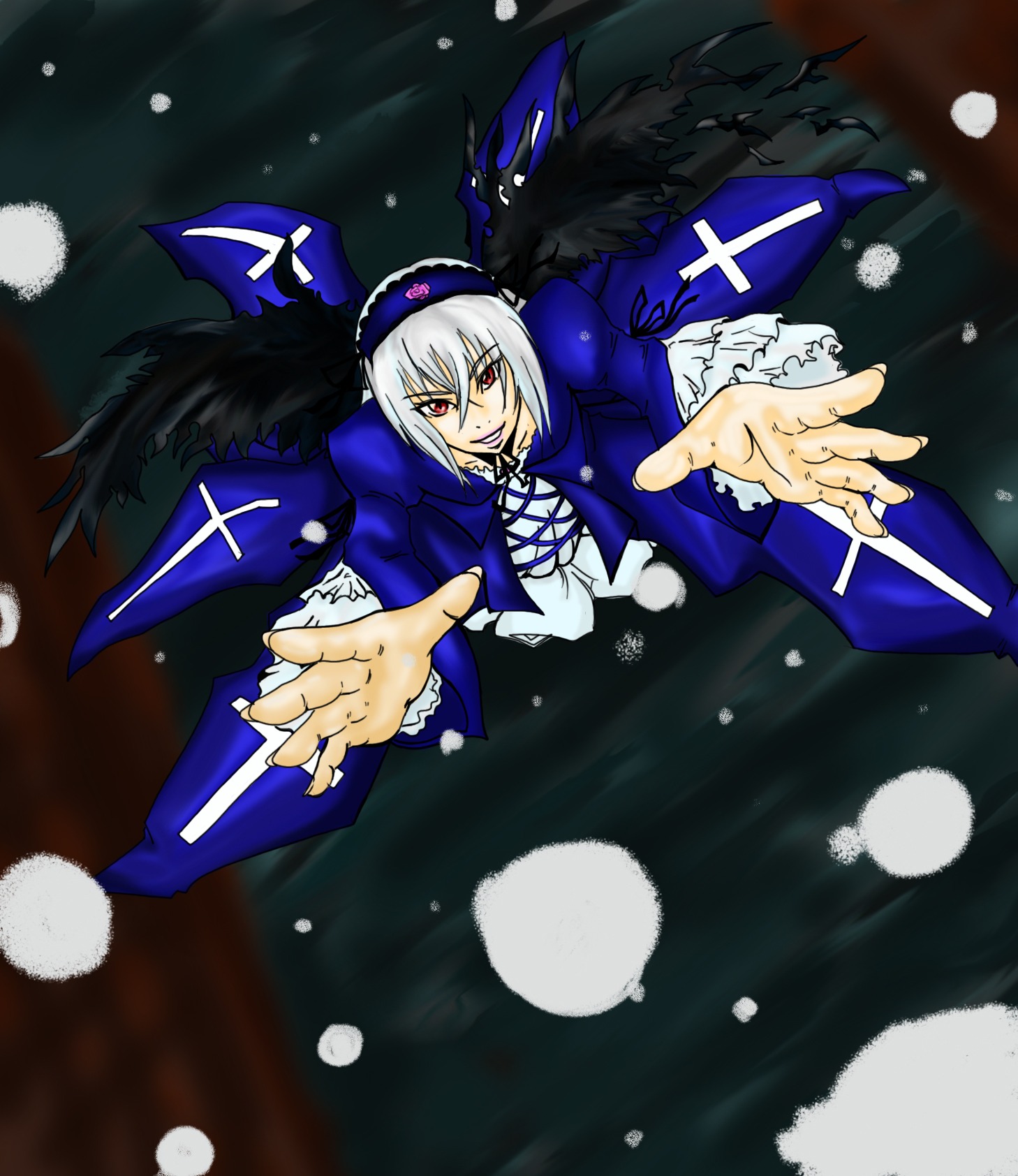1girl bangs blue_dress dress eyebrows_visible_through_hair frills from_above hat image long_sleeves looking_at_viewer red_eyes smile snow snowing solo suigintou white_hair wings