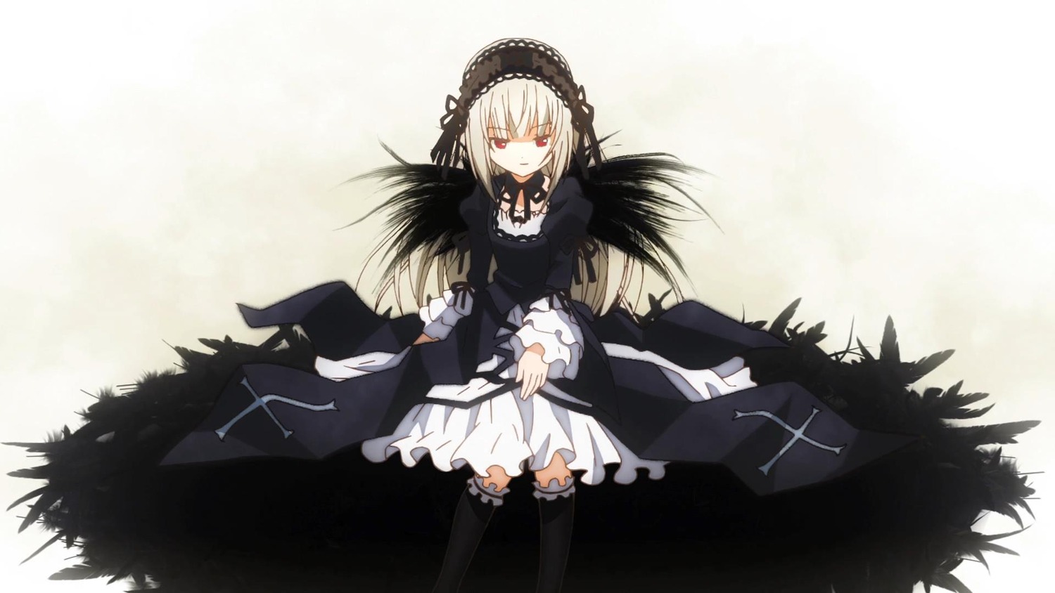 1girl black_ribbon black_wings dress frills hairband image long_hair long_sleeves looking_at_viewer red_eyes ribbon rose silver_hair solo suigintou wings