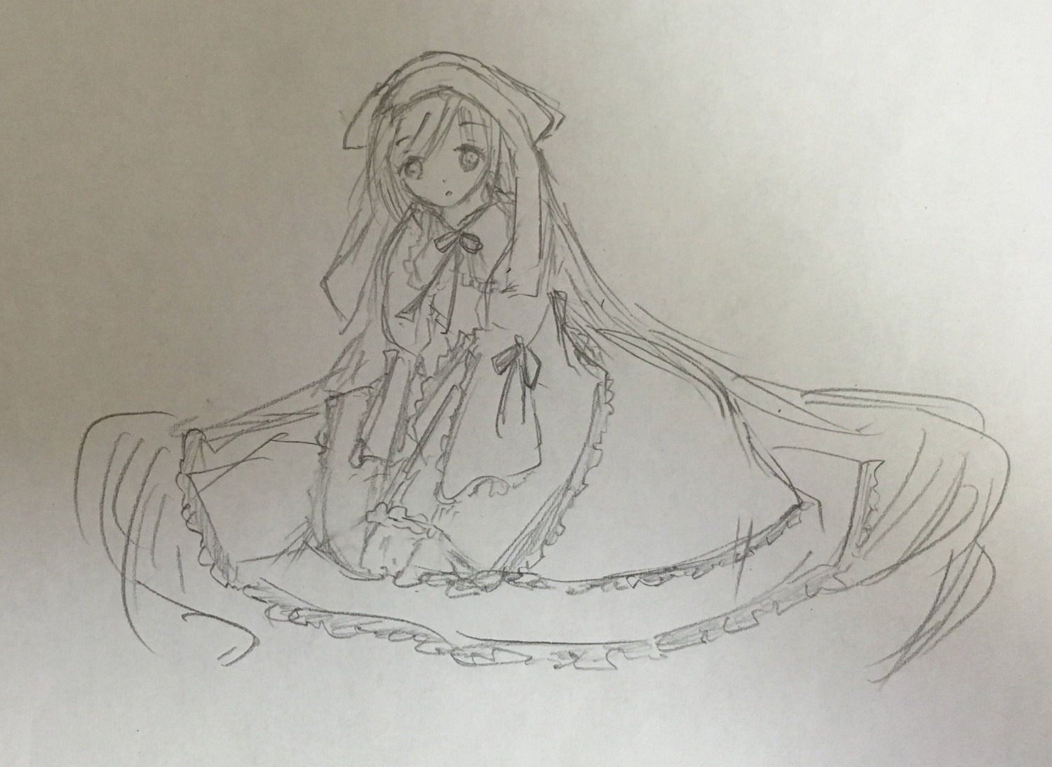 1girl dress full_body greyscale image long_hair long_sleeves looking_at_viewer monochrome simple_background sketch sleeves_past_wrists solo suiseiseki traditional_media very_long_hair wide_sleeves