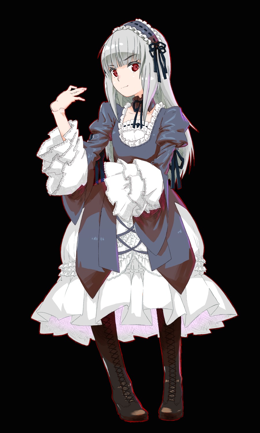 1girl boots cross-laced_footwear dress frills full_body gothic_lolita hairband image lace-up_boots lolita_fashion long_hair long_sleeves looking_at_viewer red_eyes silver_hair smile solo standing suigintou transparent_background