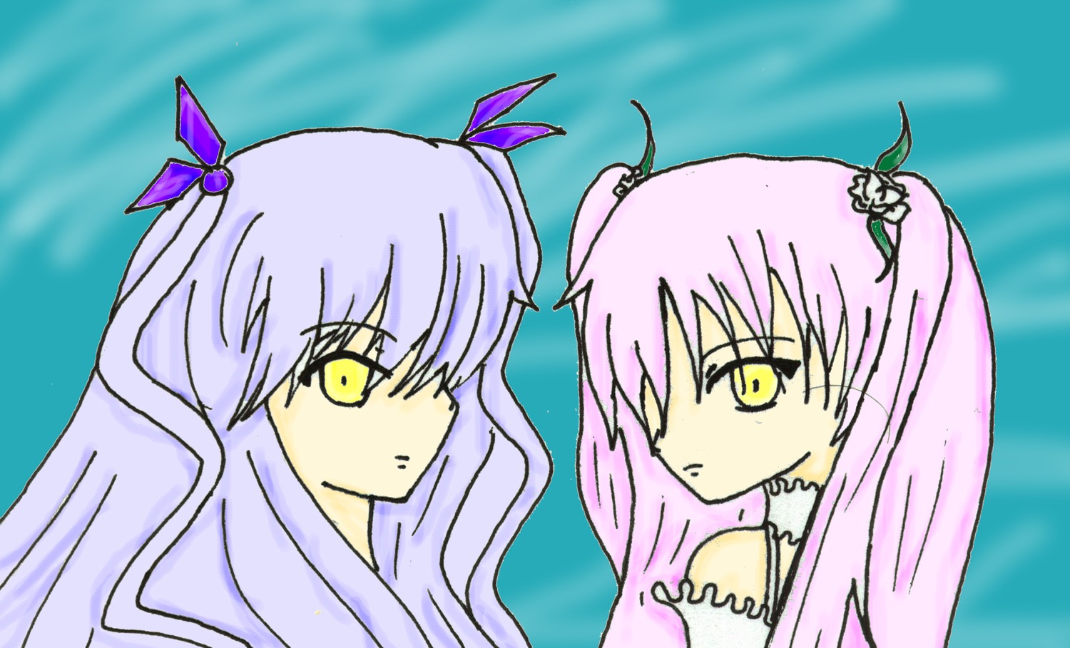 2girls barasuishou bare_shoulders dress eyebrows_visible_through_hair image kirakishou long_hair looking_at_viewer multiple_girls pair pink_hair ribbon two_side_up ultimate_madoka very_long_hair yellow_eyes