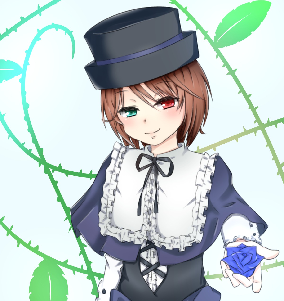 1girl blue_dress blush brown_hair dress flower frills green_eyes hat heterochromia image long_sleeves looking_at_viewer plant red_eyes ribbon rose short_hair smile solo souseiseki striped_background suiseiseki top_hat upper_body vines