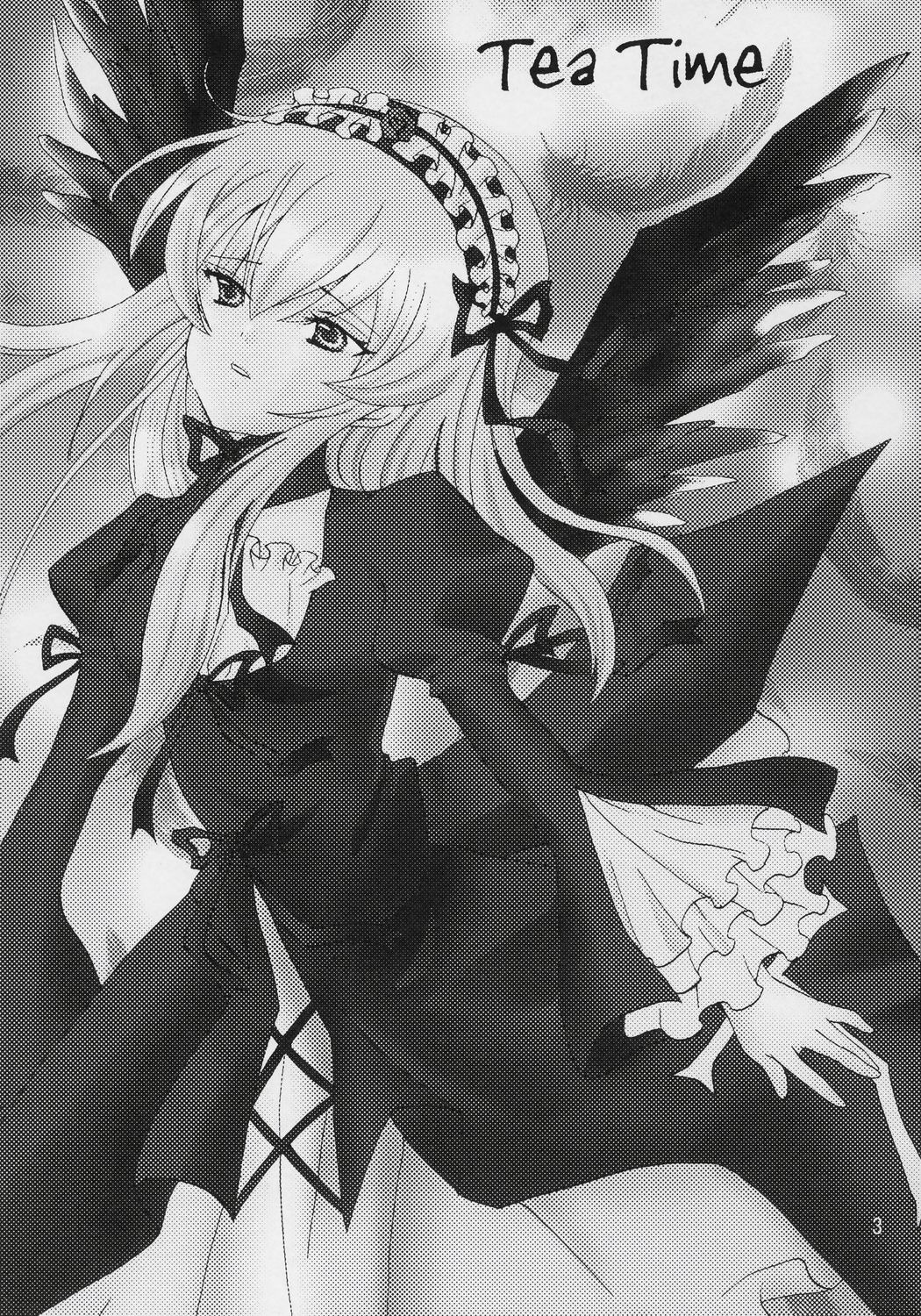 1girl doujinshi doujinshi_#143 dress frills greyscale hairband image juliet_sleeves long_hair long_sleeves looking_at_viewer monochrome multiple ribbon solo standing suigintou traditional_media wings